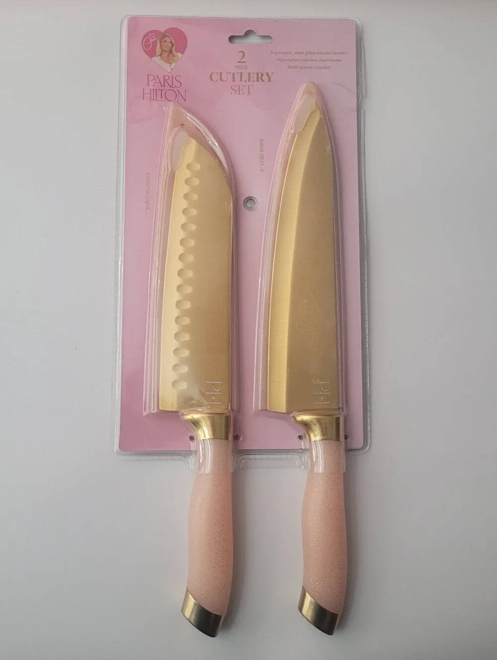 Paris Hilton 2 Pc Cutlery Knife Set Chef Santoku Blush Pink Gold Fairy Glitter